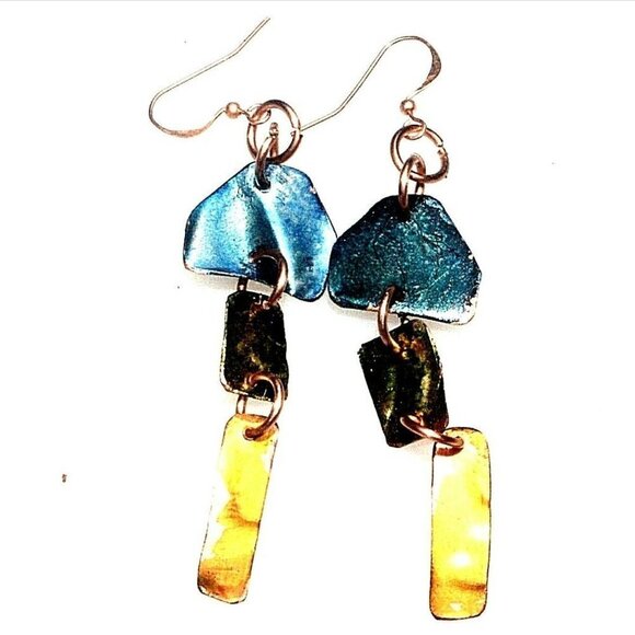 Blue Yellow Green Chandelier Earrings Pure Copper Drop Dangle Handmade Geometric